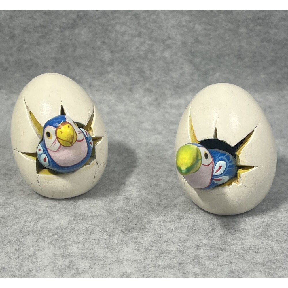 Vintage Hand Painted Parrot Figurines Set Cracking Out of Egg Bird Collectibles